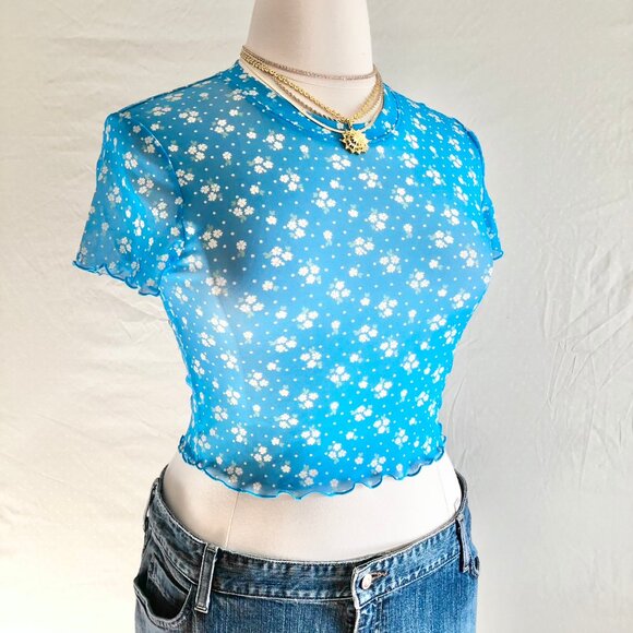 Retro BCBGeneration Sky Blue Baby Tee Crop Top Whimsigoth Floral Juniors Size L - Picture 4 of 9